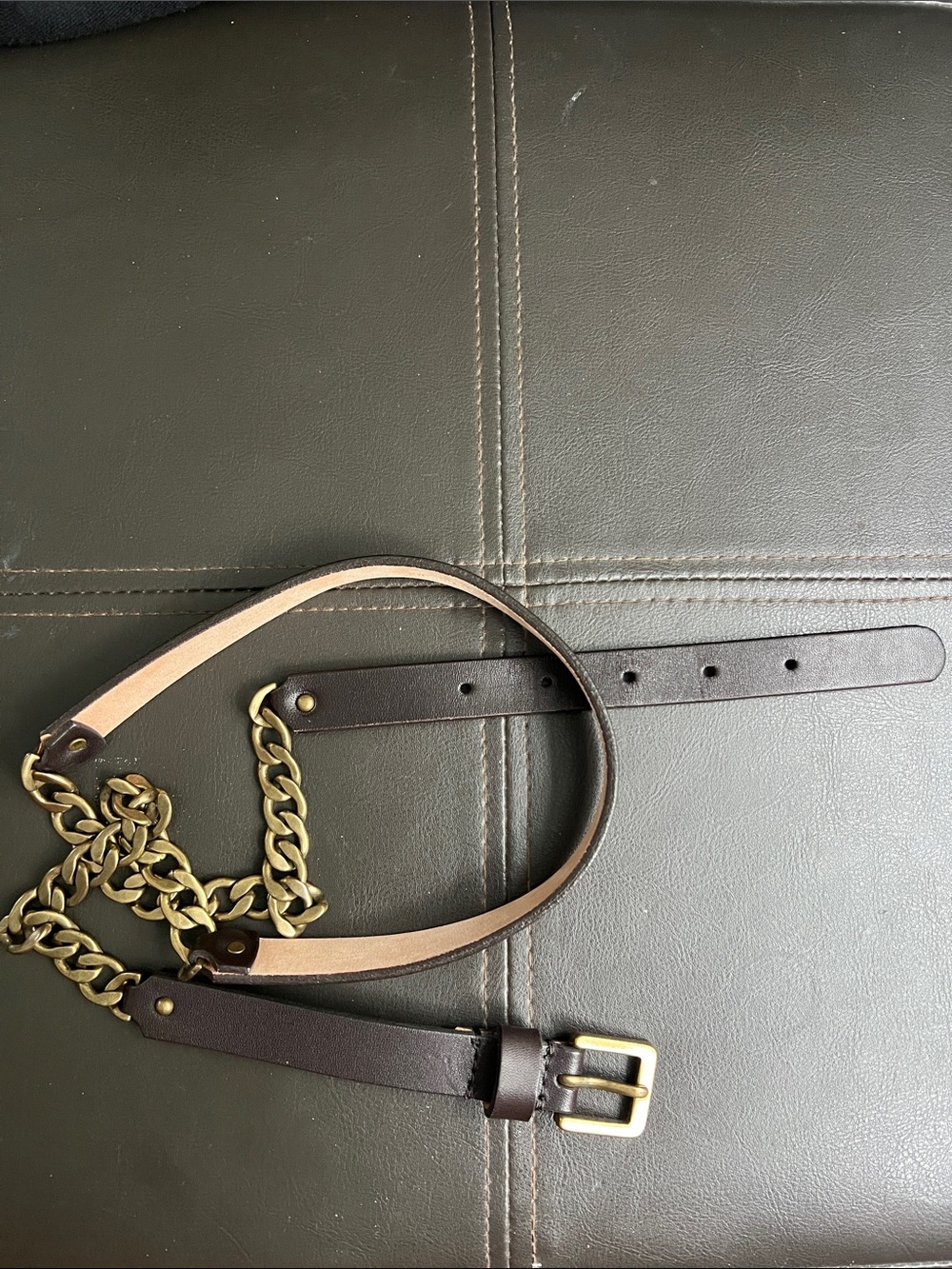 Talbots Dark Brown Leather Belt with Antique Brass Gold Chain Accent Size Large